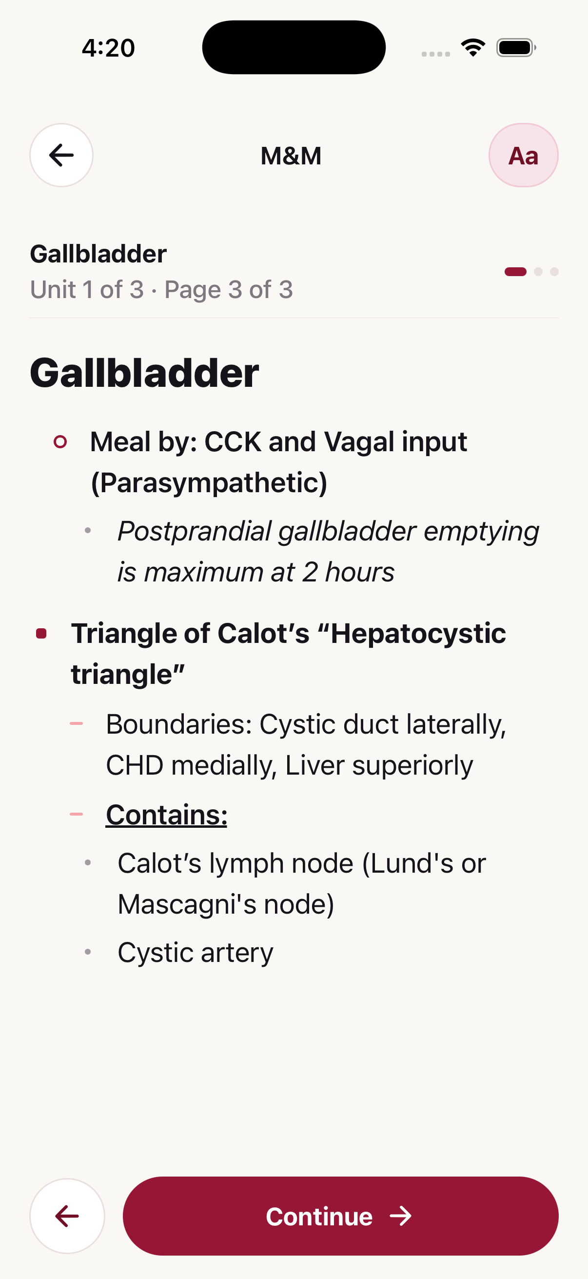 M and M reading screen showing structured gallbladder review content